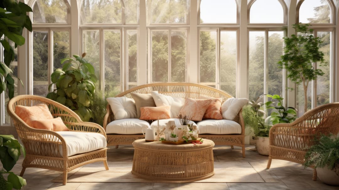 Rustic orangery with plants and wicker furniture